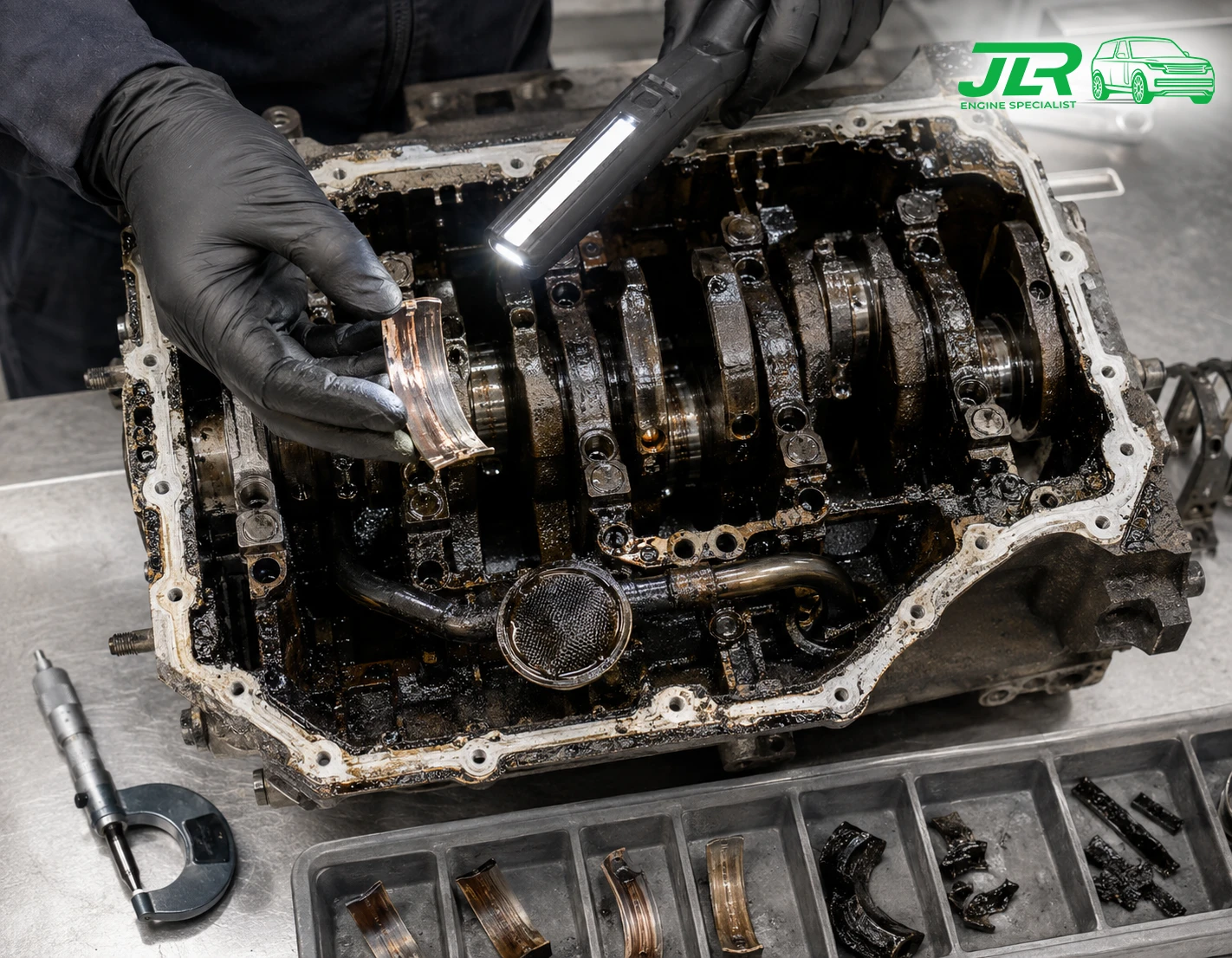 Range Rover TDV6 engine before rebuild showing heavy sludge buildup and worn internal components