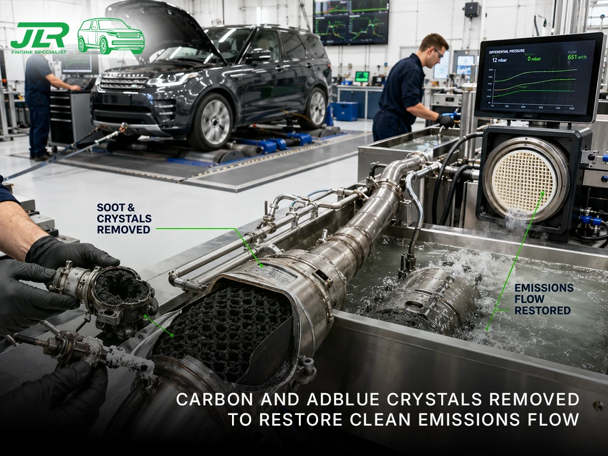 Technician inspecting removed DPF filter from Land Rover Discovery with ultrasonic cleaning machine visible in clean Billericay workshop