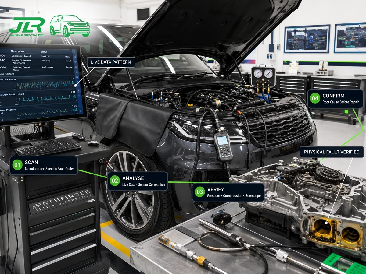 Land Rover diagnostic inspection showing a technician using a professional tablet to diagnose a JLR vehicle in a workshop
