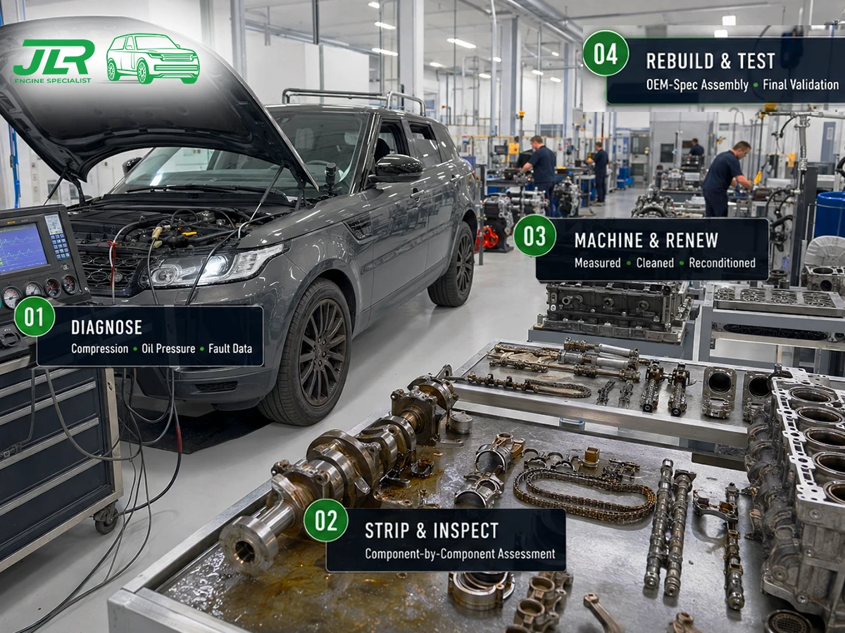 Land Rover and Jaguar engine rebuilding service hero image showing a rebuilt V6 engine on a workshop stand
