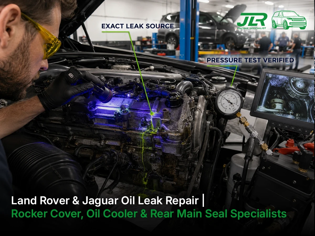 Technician using UV inspection lamp to trace oil leak on Land Rover Discovery 4 engine with fluorescent dye revealing rocker cover gasket seepage