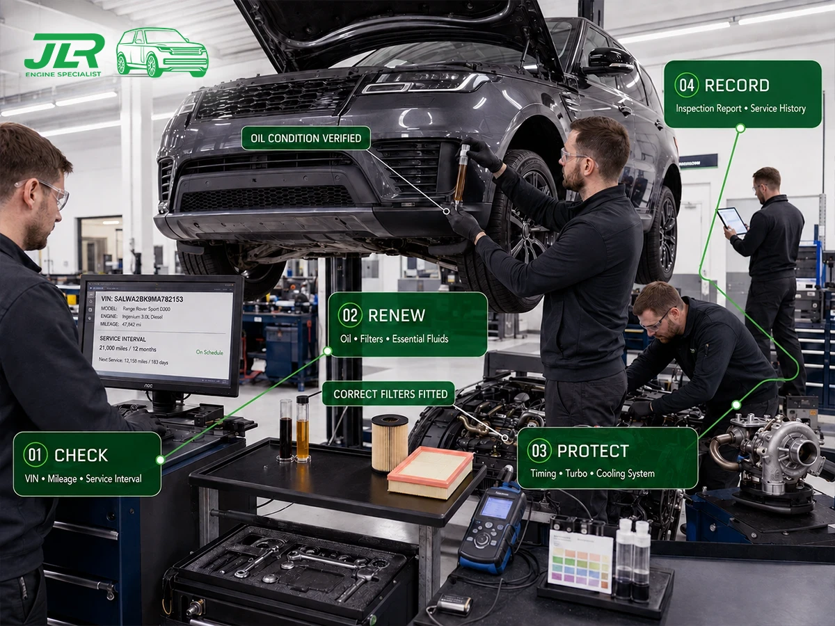certified technician holding a service checklist beside an open Range Rover Sport bonnet during a routine service in a Billericay workshop