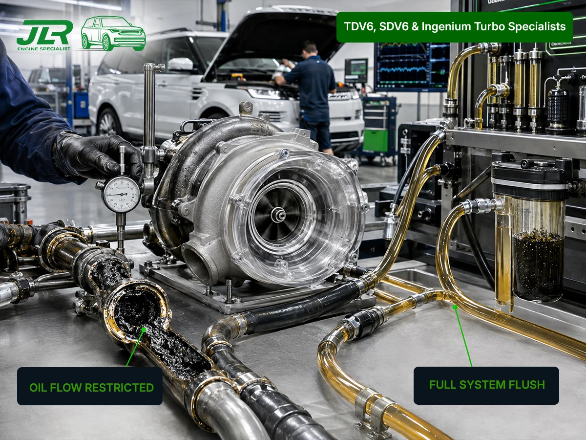 Precision measurement of a Land Rover SDV6 crankshaft journal using a micrometer in a clean Billericay workshop with engine block visible in background