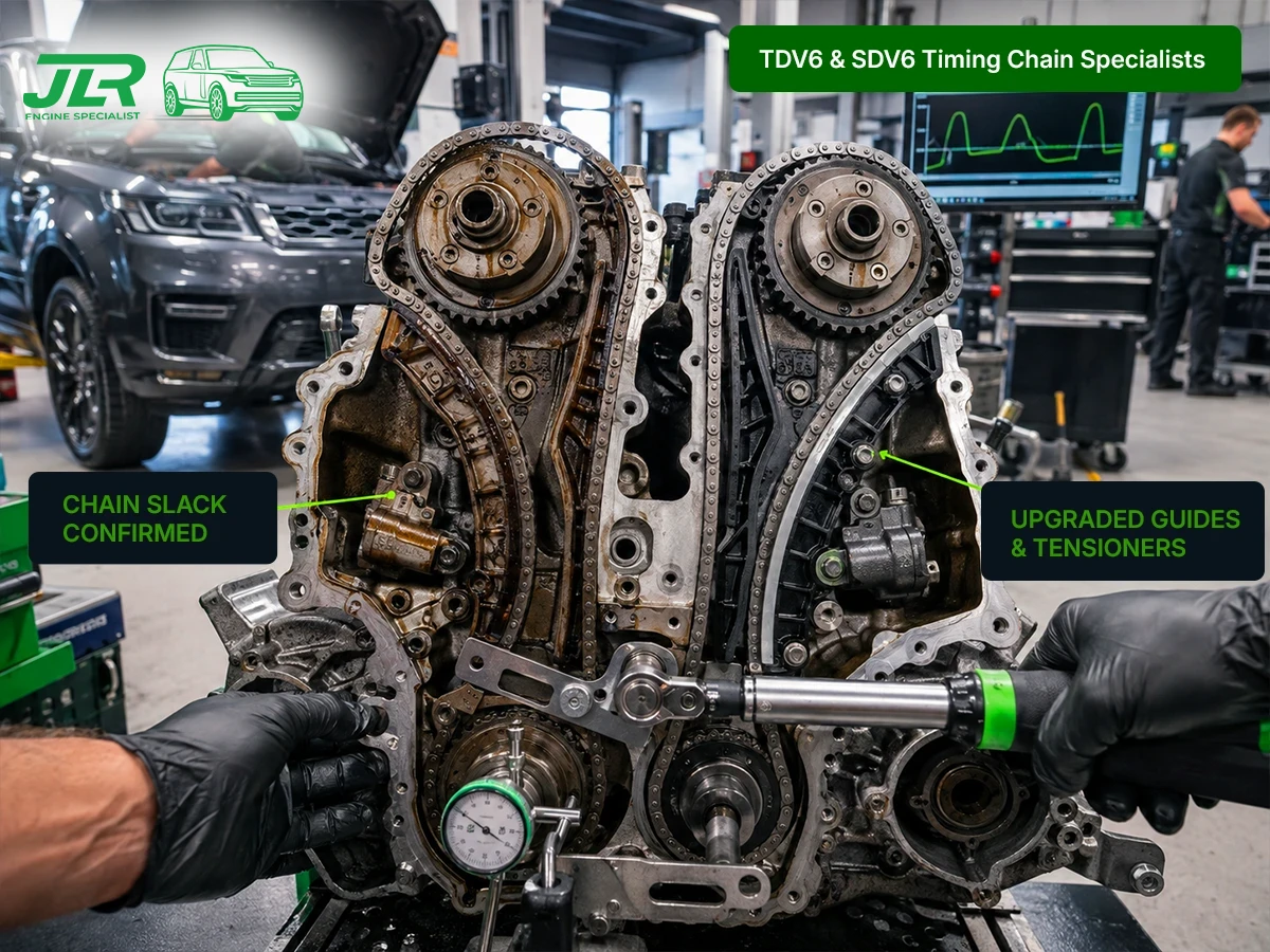 Land Rover Discovery 4 TDV6 engine on a workshop stand with timing cover removed showing worn chain guides and tensioners being inspected by a technician in Billericay