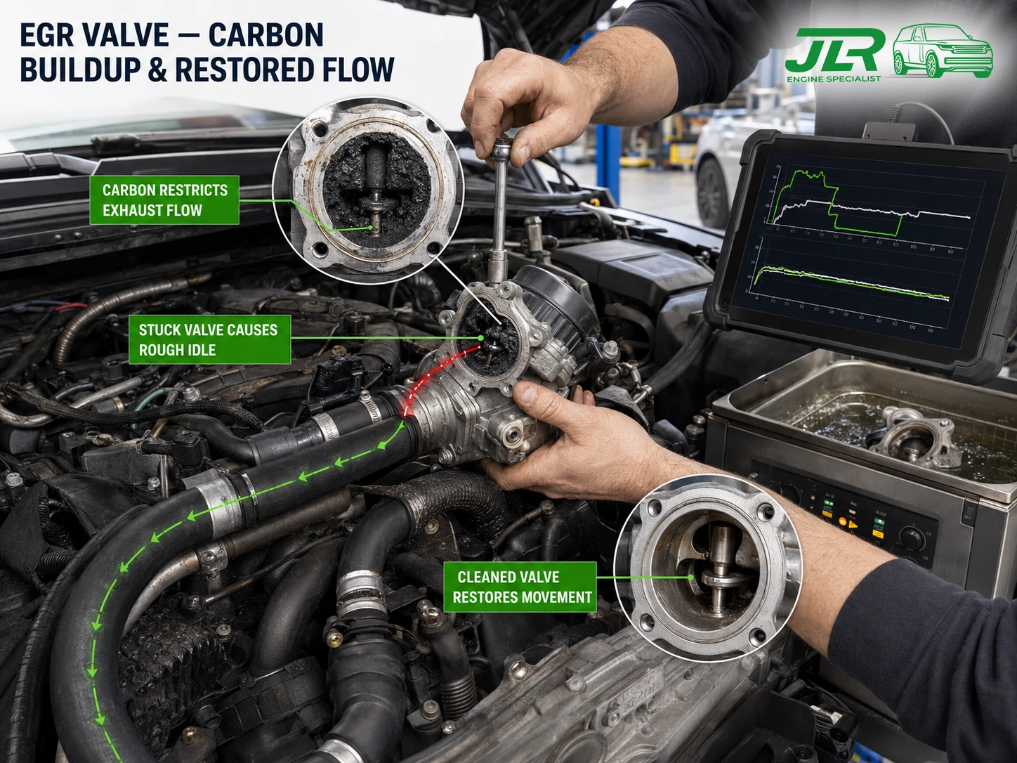 Side-by-side comparison of carbon-clogged EGR valve versus professionally ultrasonic-cleaned EGR valve on workshop bench showing restored metal surface