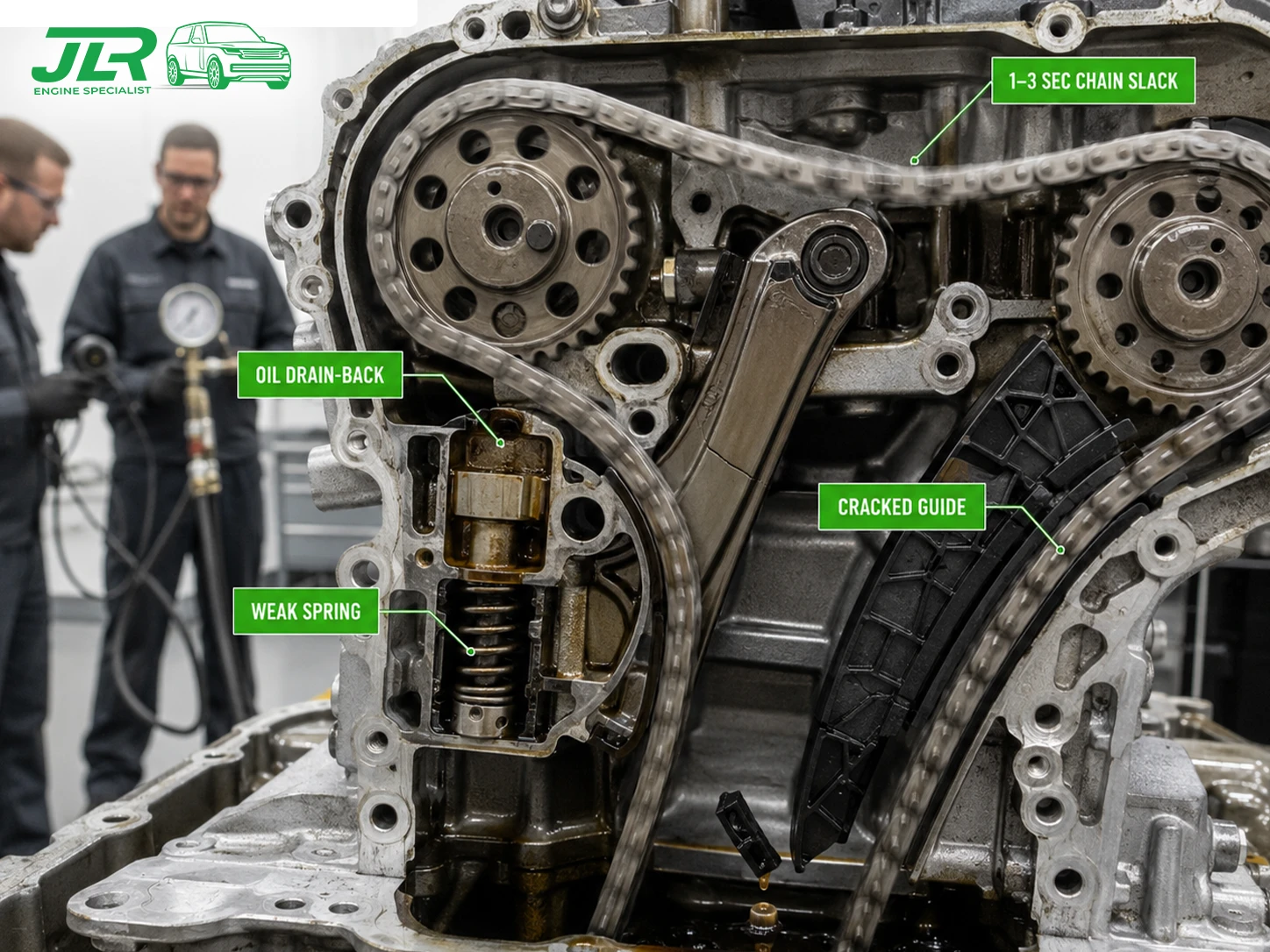 Comparison of worn factory plastic timing chain guide versus new upgraded steel-backed guide rail on a clean workshop bench with OEM packaging visible