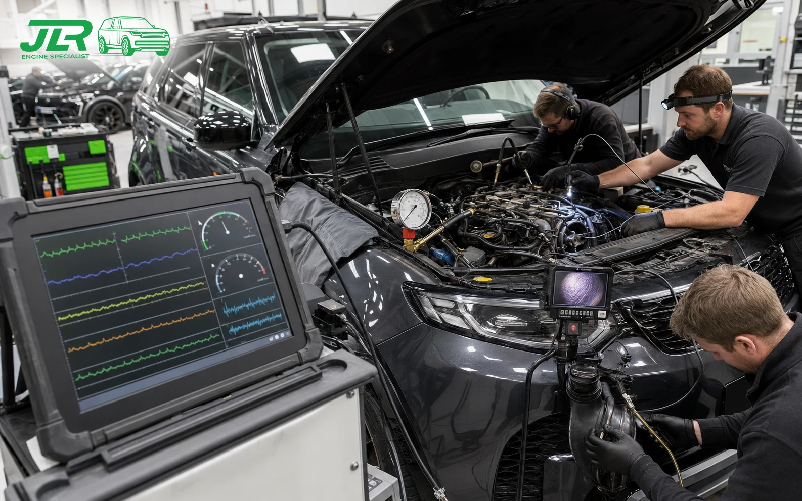 JLR live data diagnostics screen and workshop inspection tools prepared for fault finding