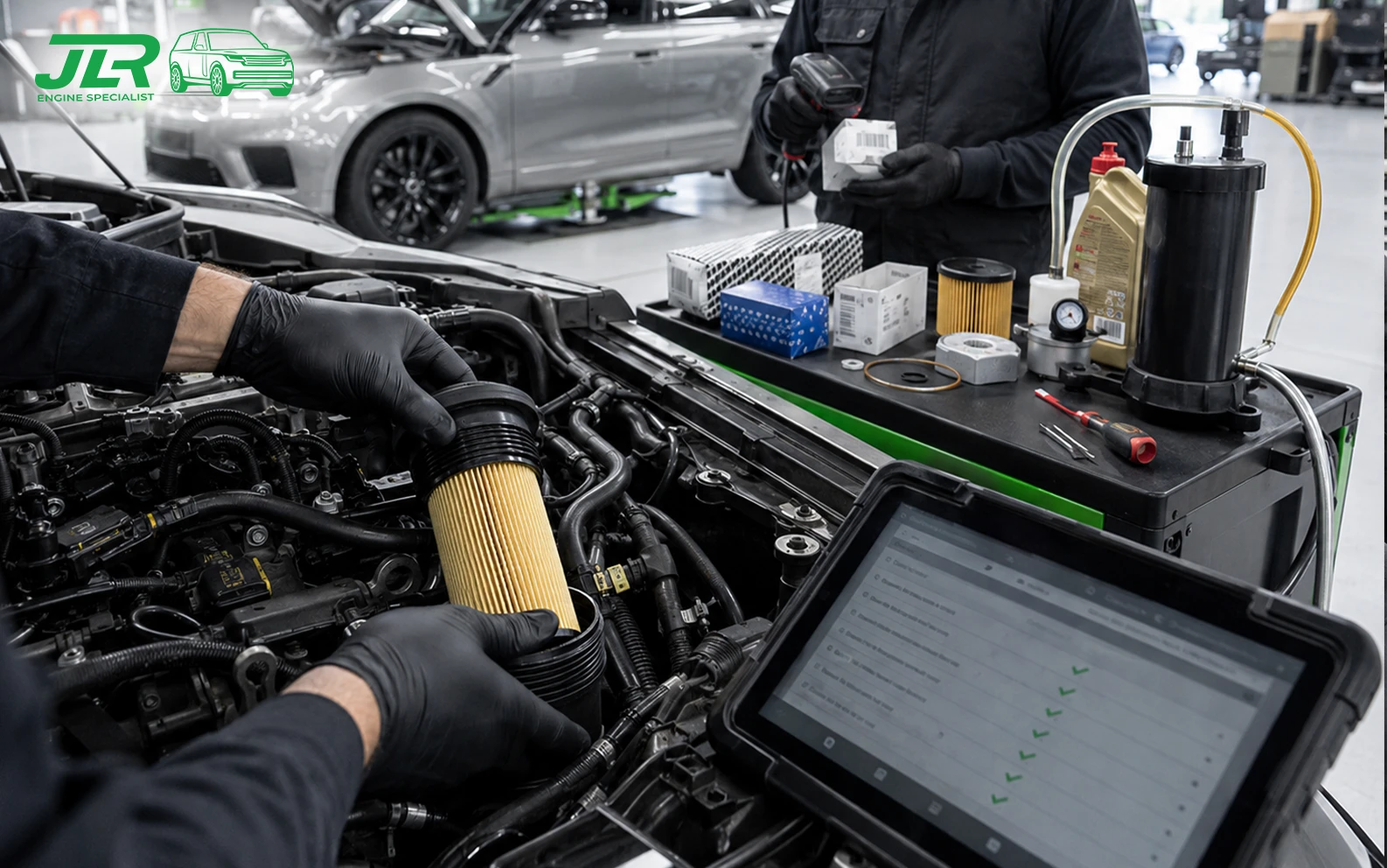 Service inspection checklist on a clipboard beside a Land Rover Discovery engine bay during a professional routine maintenance visit