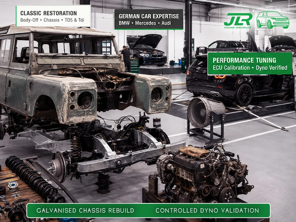 Classic Land Rover Defender on a workshop lift beside a modern BMW and Mercedes, showcasing multi-brand specialist expertise in a Billericay garage